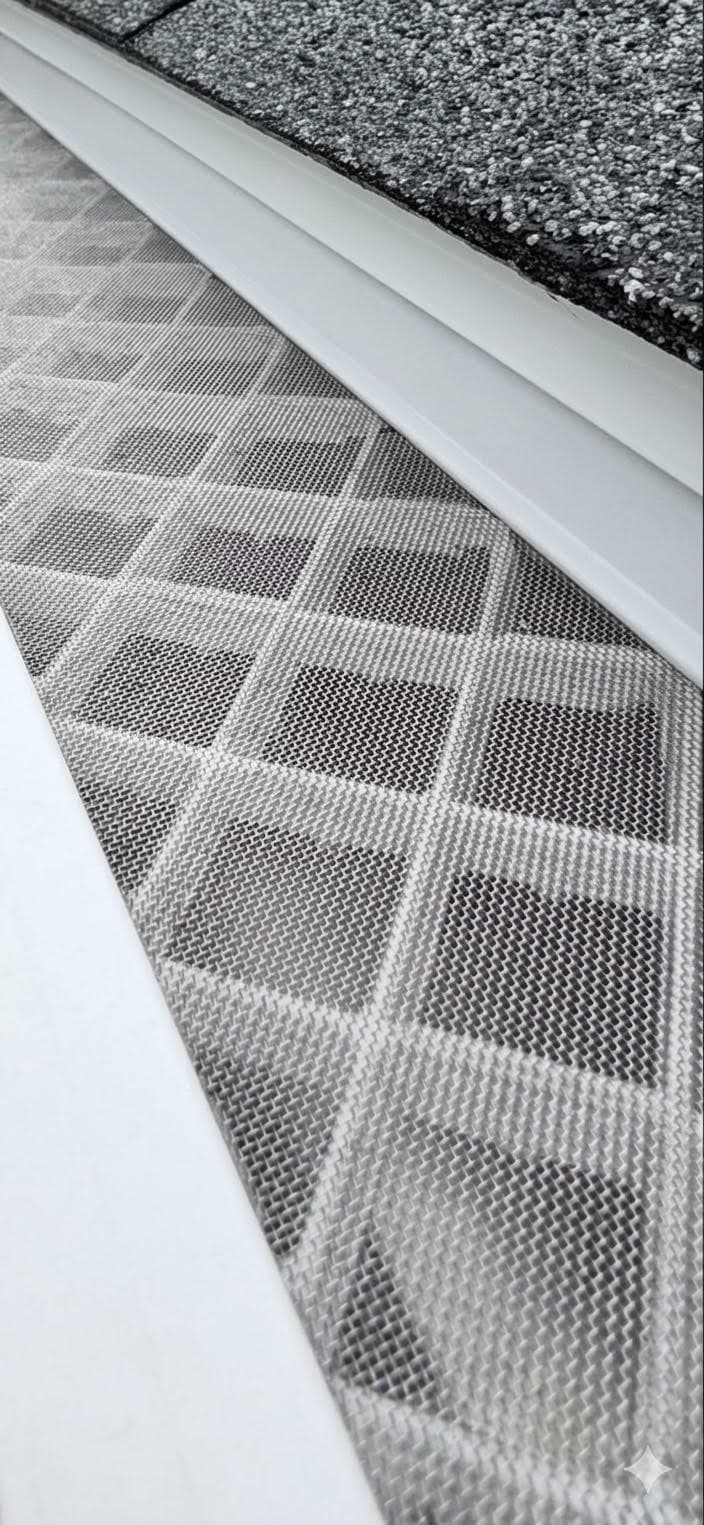 Micro-mesh gutter guard installed over a standard gutter next to asphalt shingles